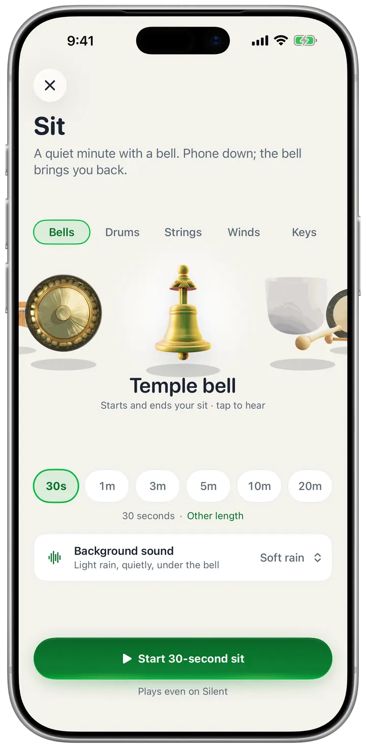 Champ’s Sit timer on an iPhone: a temple bell, lengths from 30 seconds to 20 minutes, and soft rain underneath.