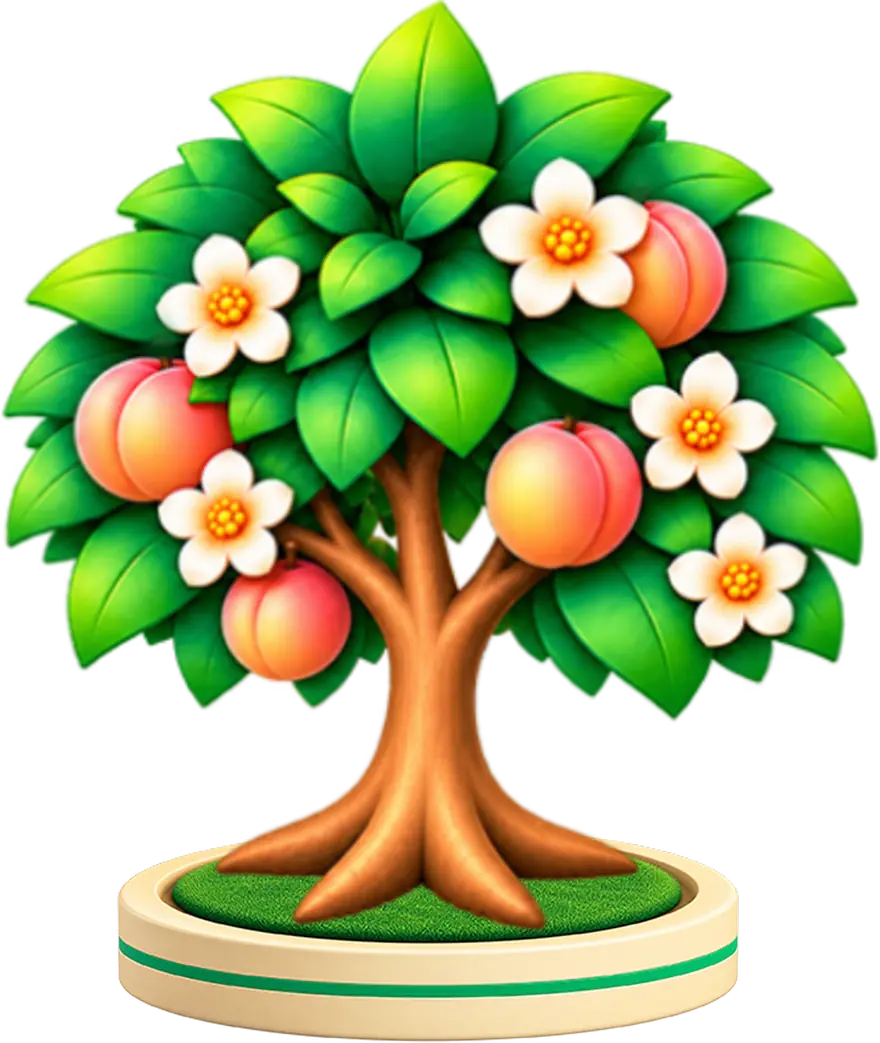 A peach tree on its dish on a green hill, with three app tiles above it and pink tulips and sunflowers along the bottom.